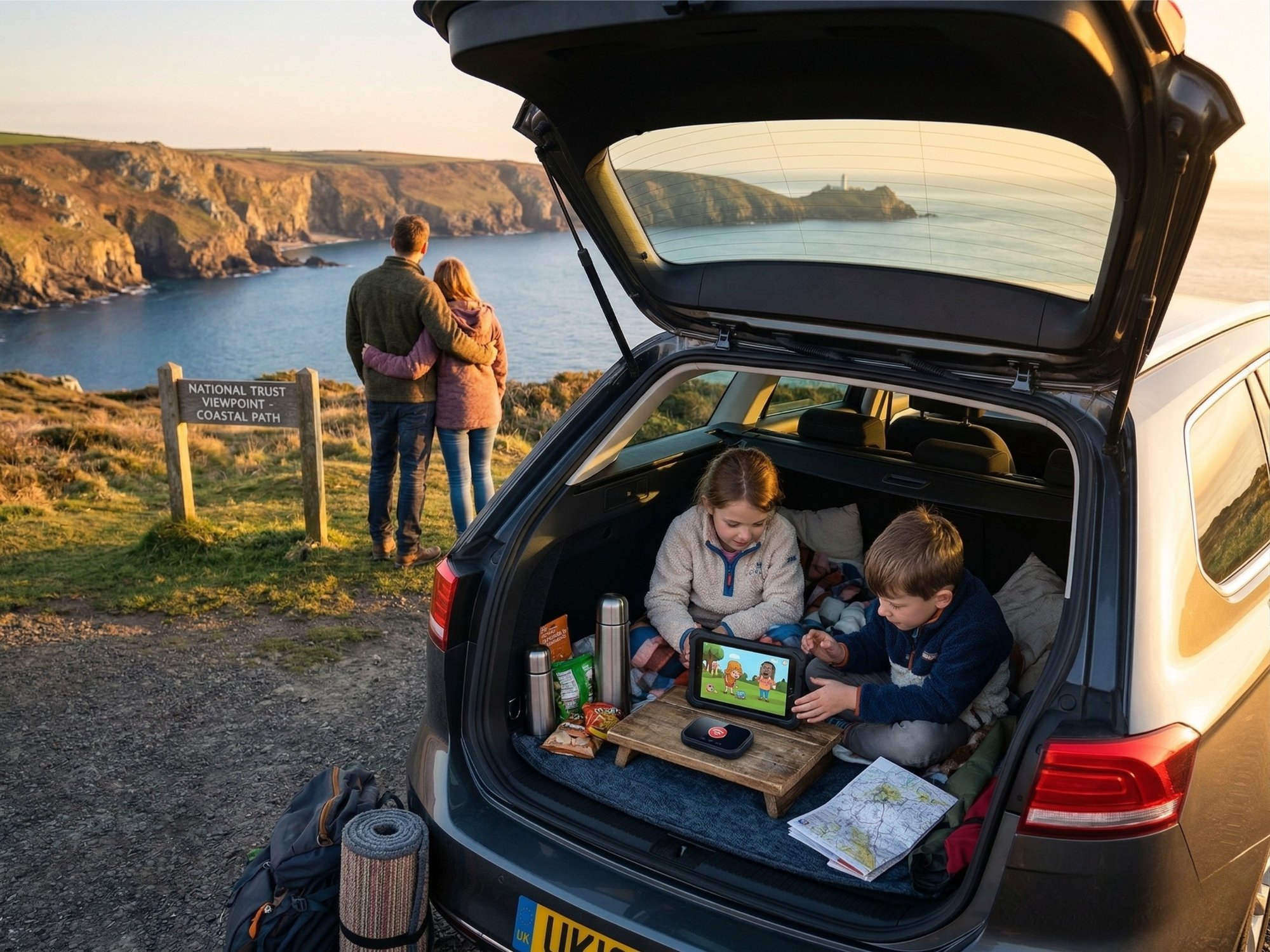 Family road trip with car WiFi at coastal viewpoint