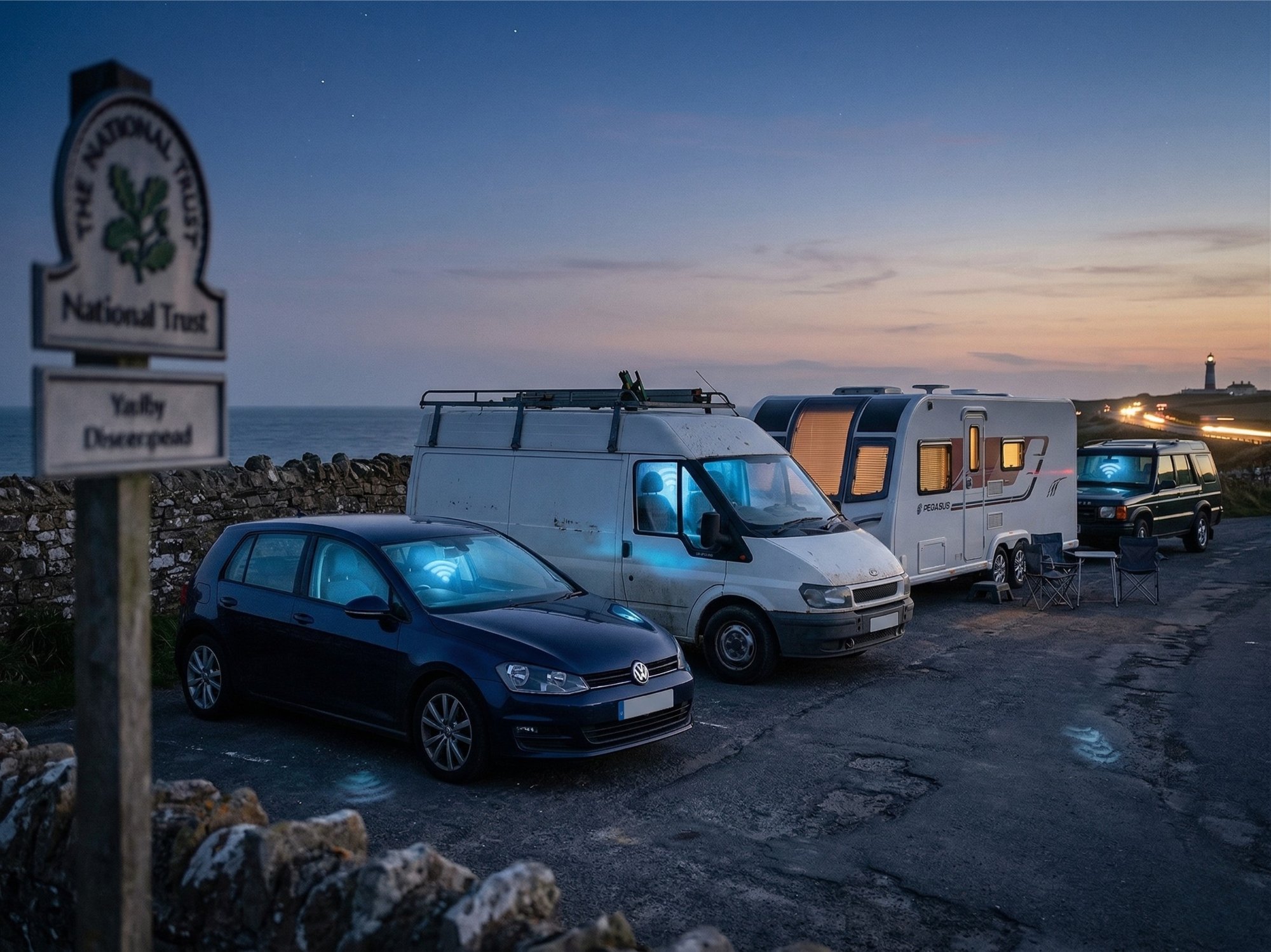 Caravan and vehicles with WiFi at coastal campsite